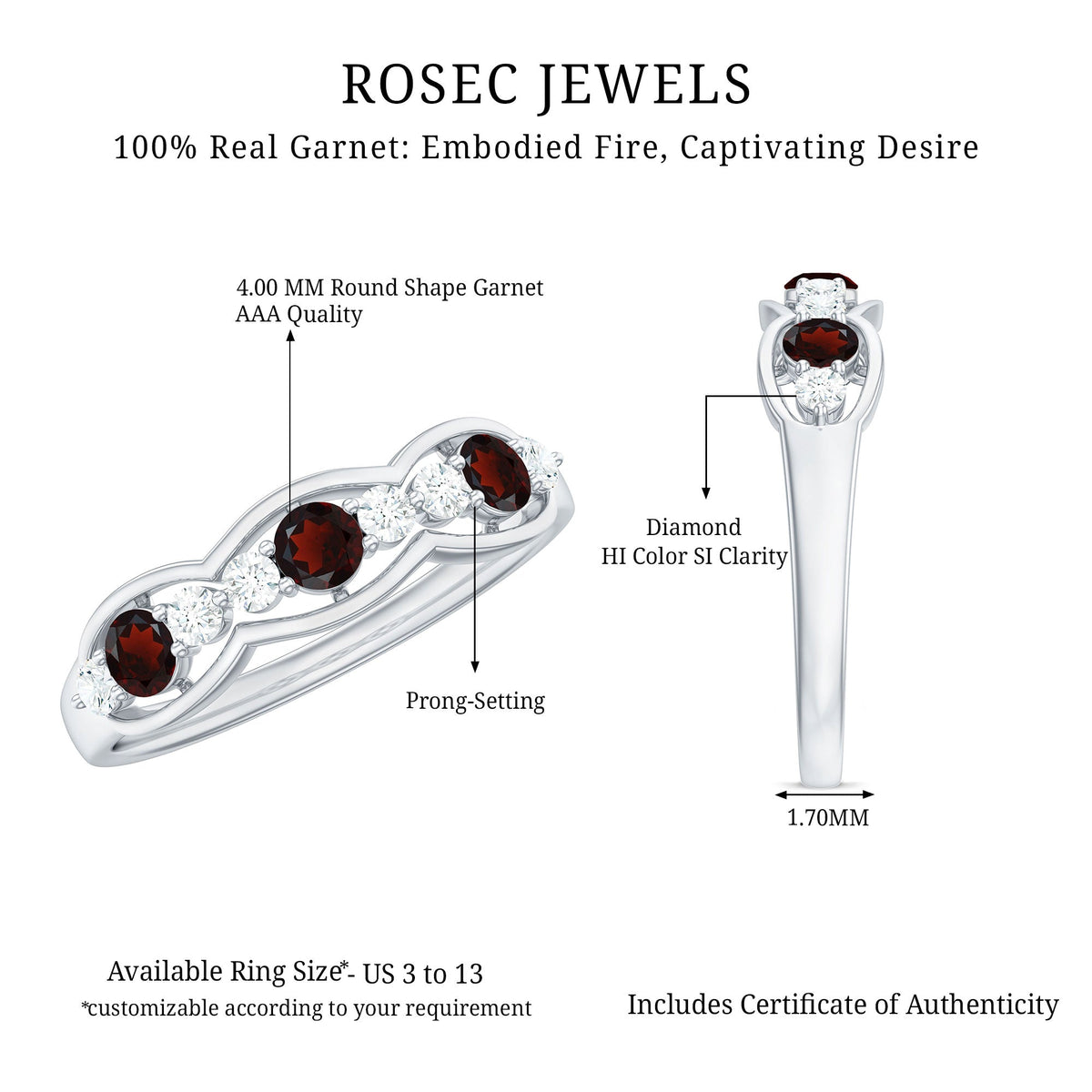 Natural Garnet Half Eternity Ring with Diamond