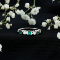 Real Emerald and Diamond Half Eternity Wedding Band in Bezel Set