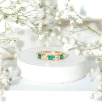 Real Emerald and Diamond Half Eternity Wedding Band in Bezel Set