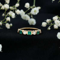 Real Emerald and Diamond Half Eternity Wedding Band in Bezel Set