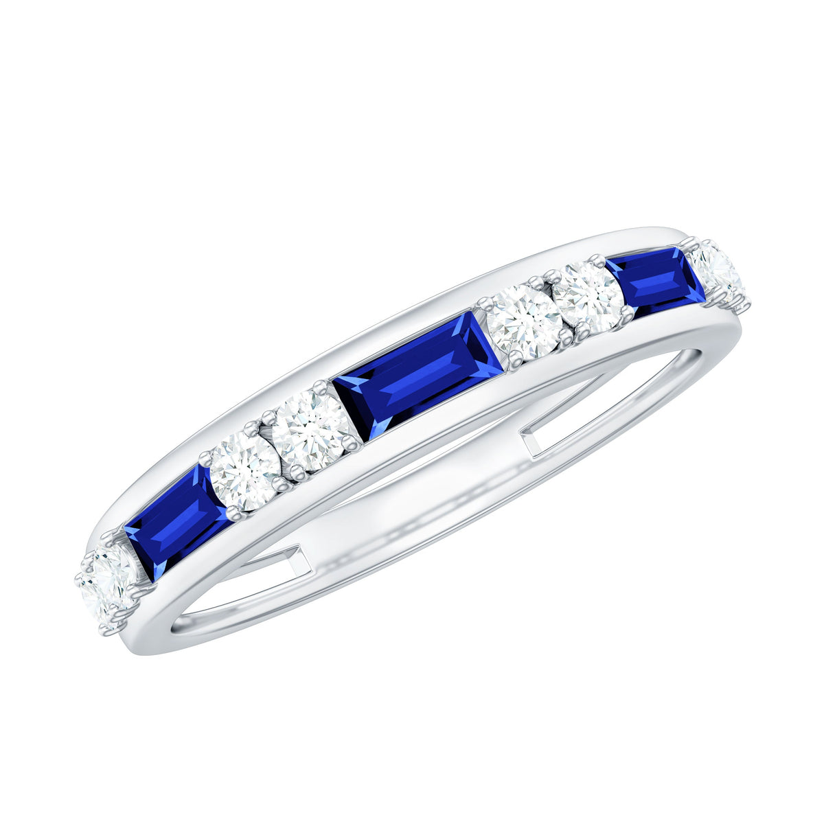 Certified Lab Grown Blue Sapphire Baguette Half Eternity Band with Diamond