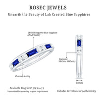 Certified Lab Grown Blue Sapphire Baguette Half Eternity Band with Diamond
