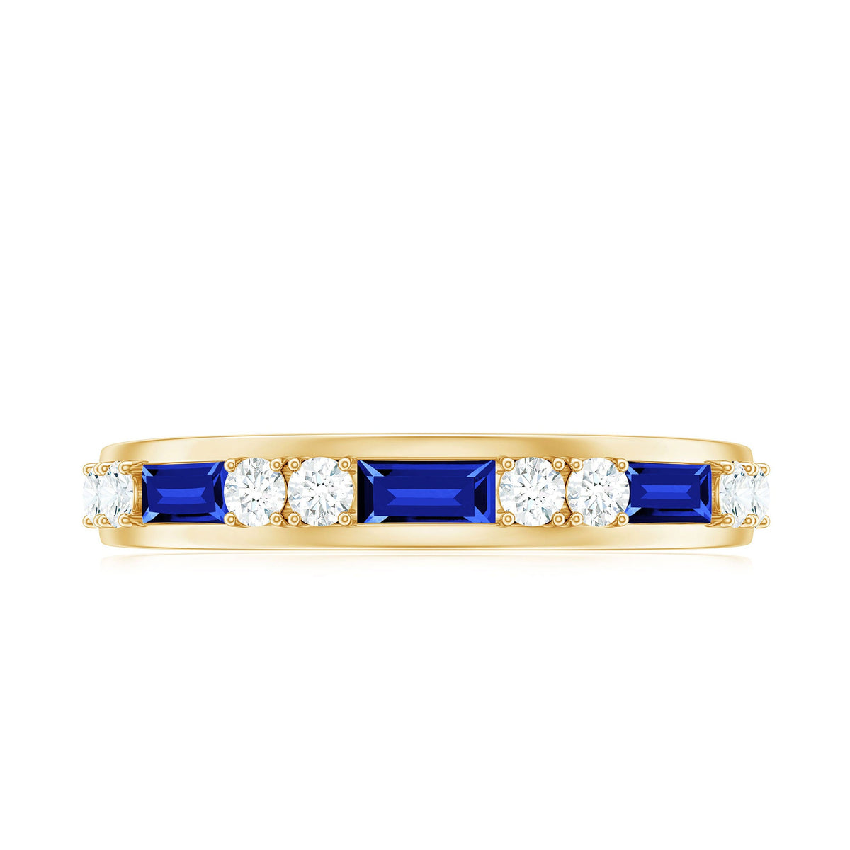 Certified Lab Grown Blue Sapphire Baguette Half Eternity Band with Diamond