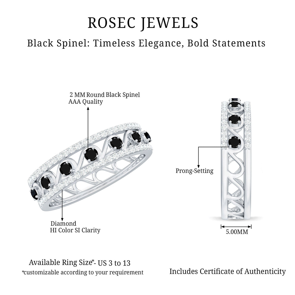 Designer Black Spinel Diamond Half Eternity Band Ring for Anniversary