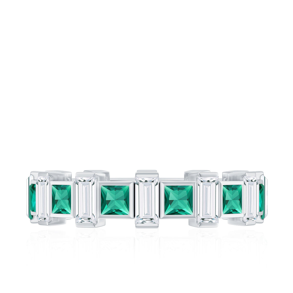 Certified Bezel Set Lab Grown Emerald Eternity Wedding Band with Moissanite