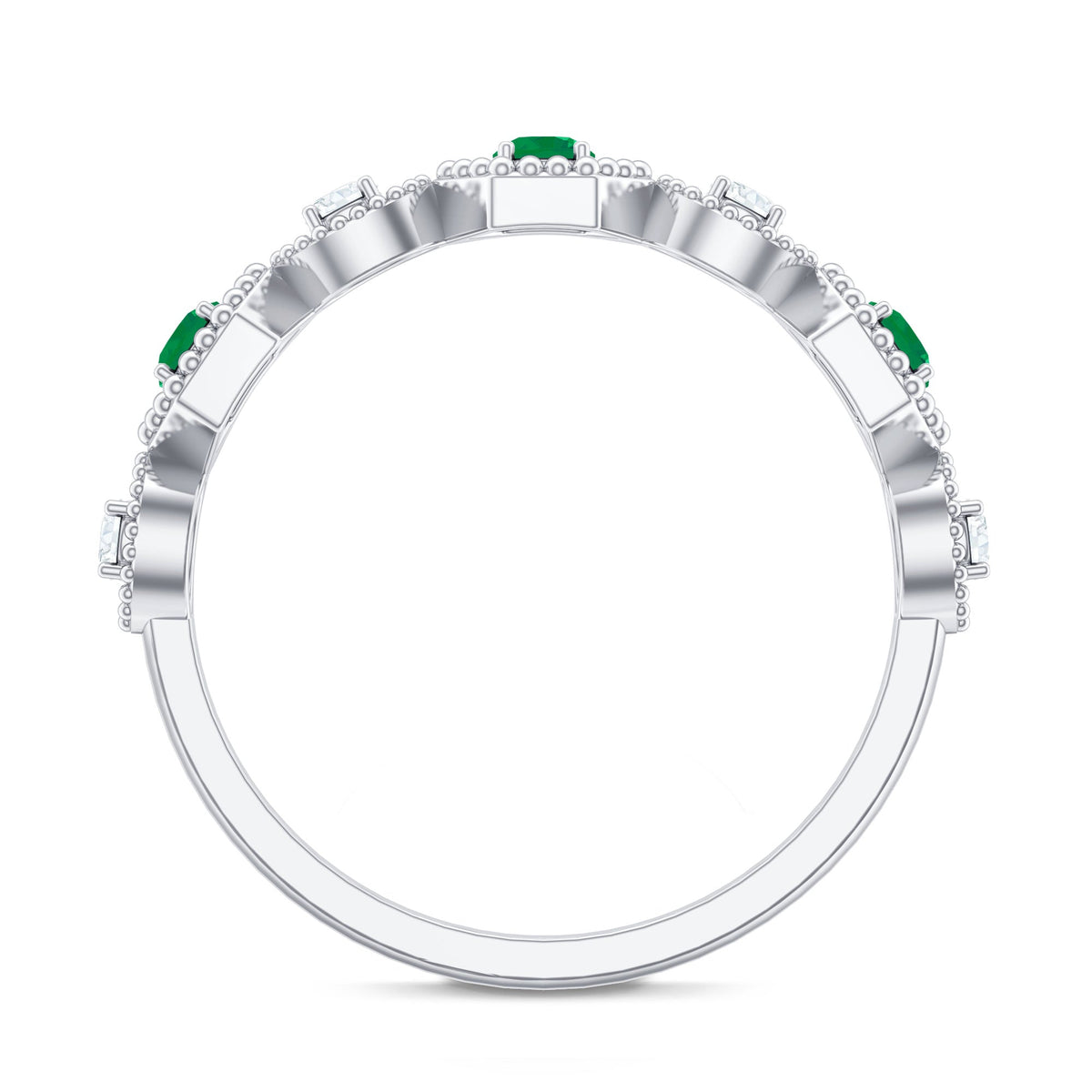 Certified Natural Emerald Art Deco Half Eternity Ring with Diamond