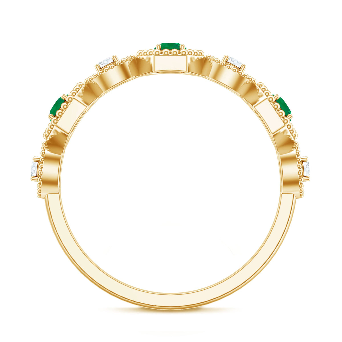Certified Natural Emerald Art Deco Half Eternity Ring with Diamond