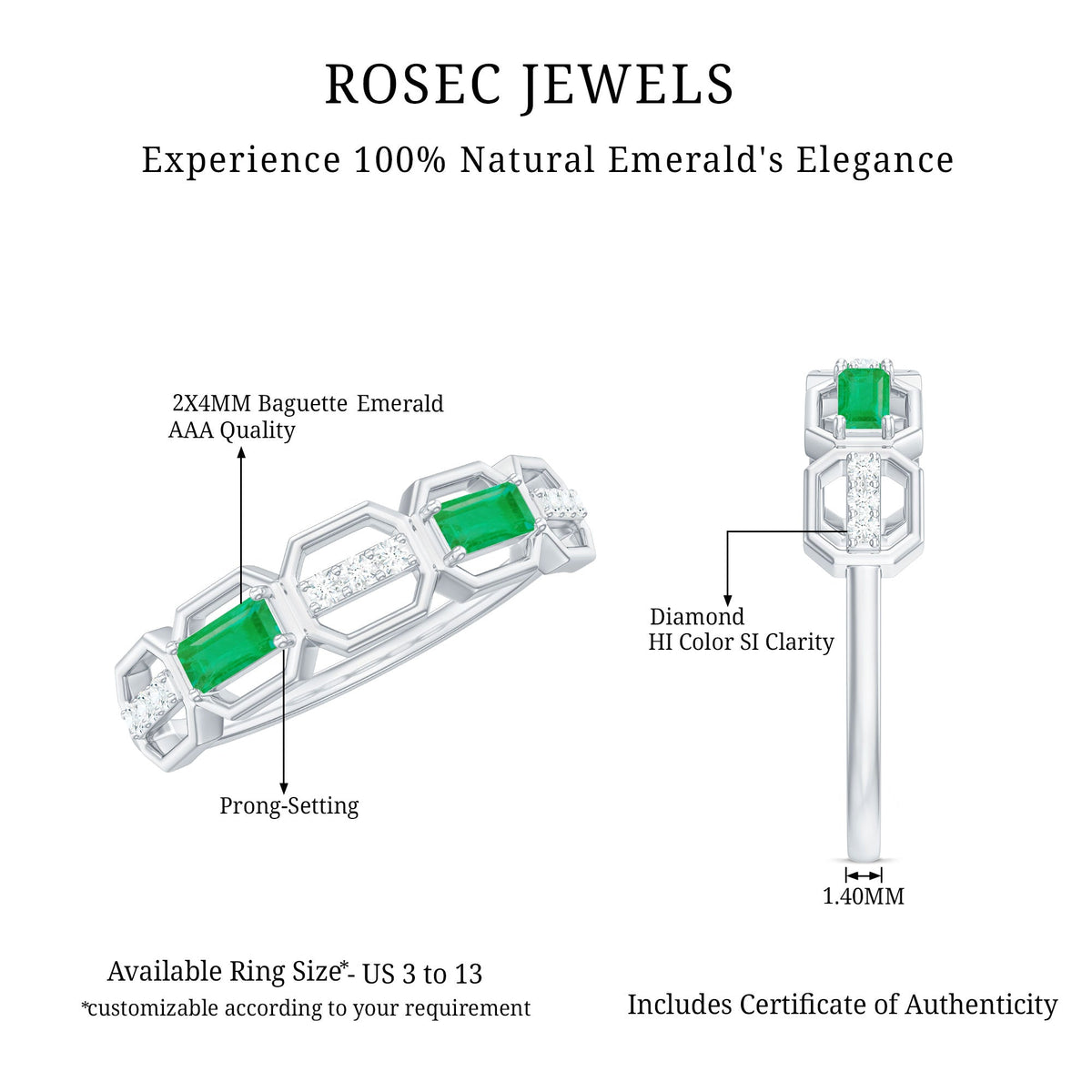 Natural Baguette Emerald Diamond Anniversary Band Ring in East West Style