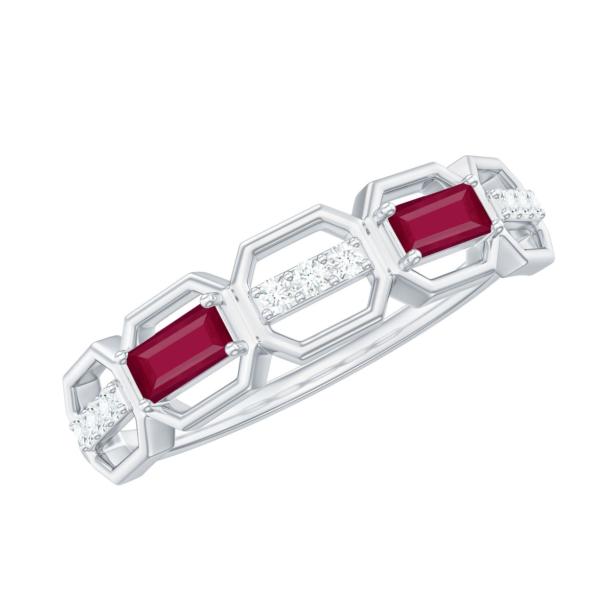 Natural Baguette Ruby Band Ring with Diamond