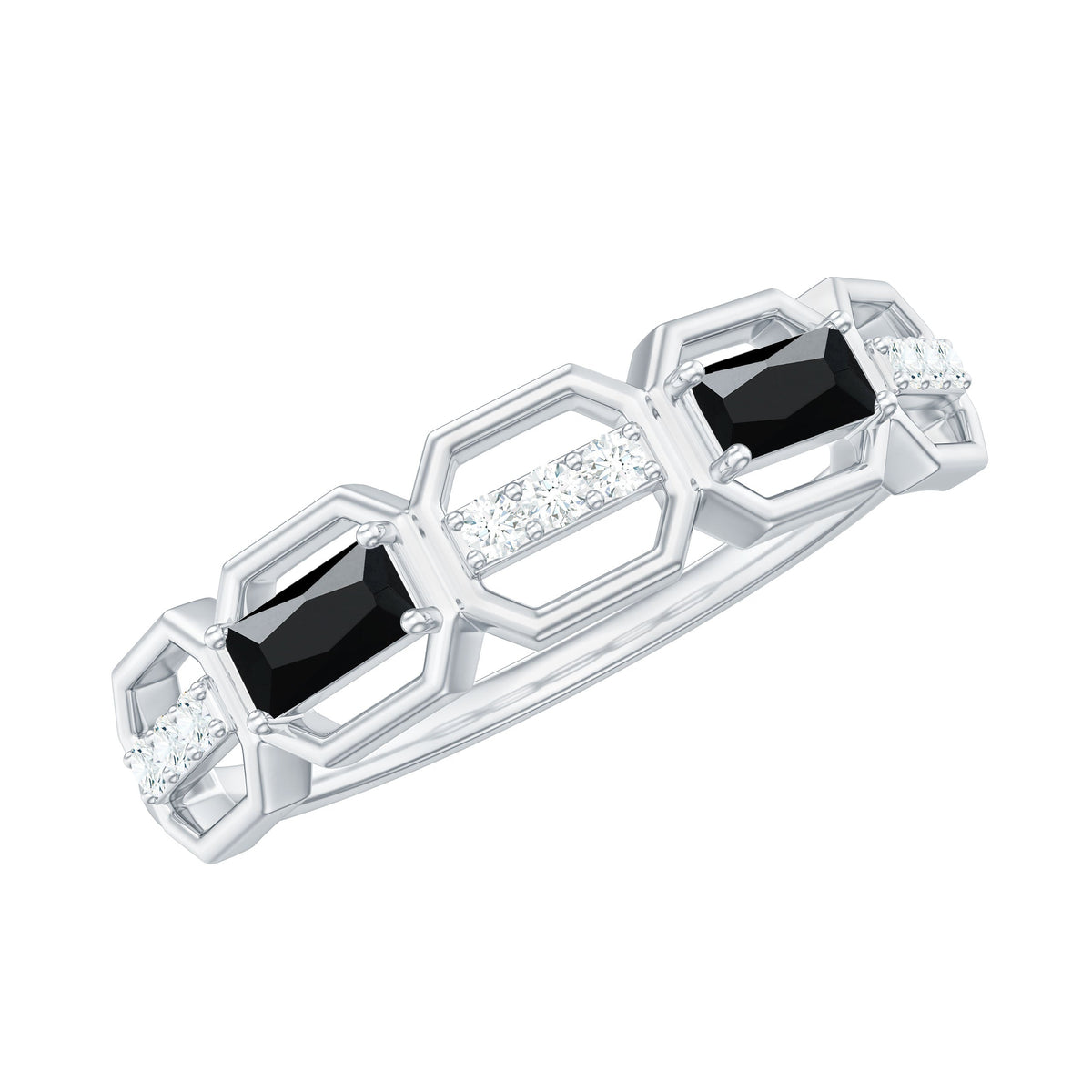 Natural Baguette Black Spinel Diamond Geometric Band Ring