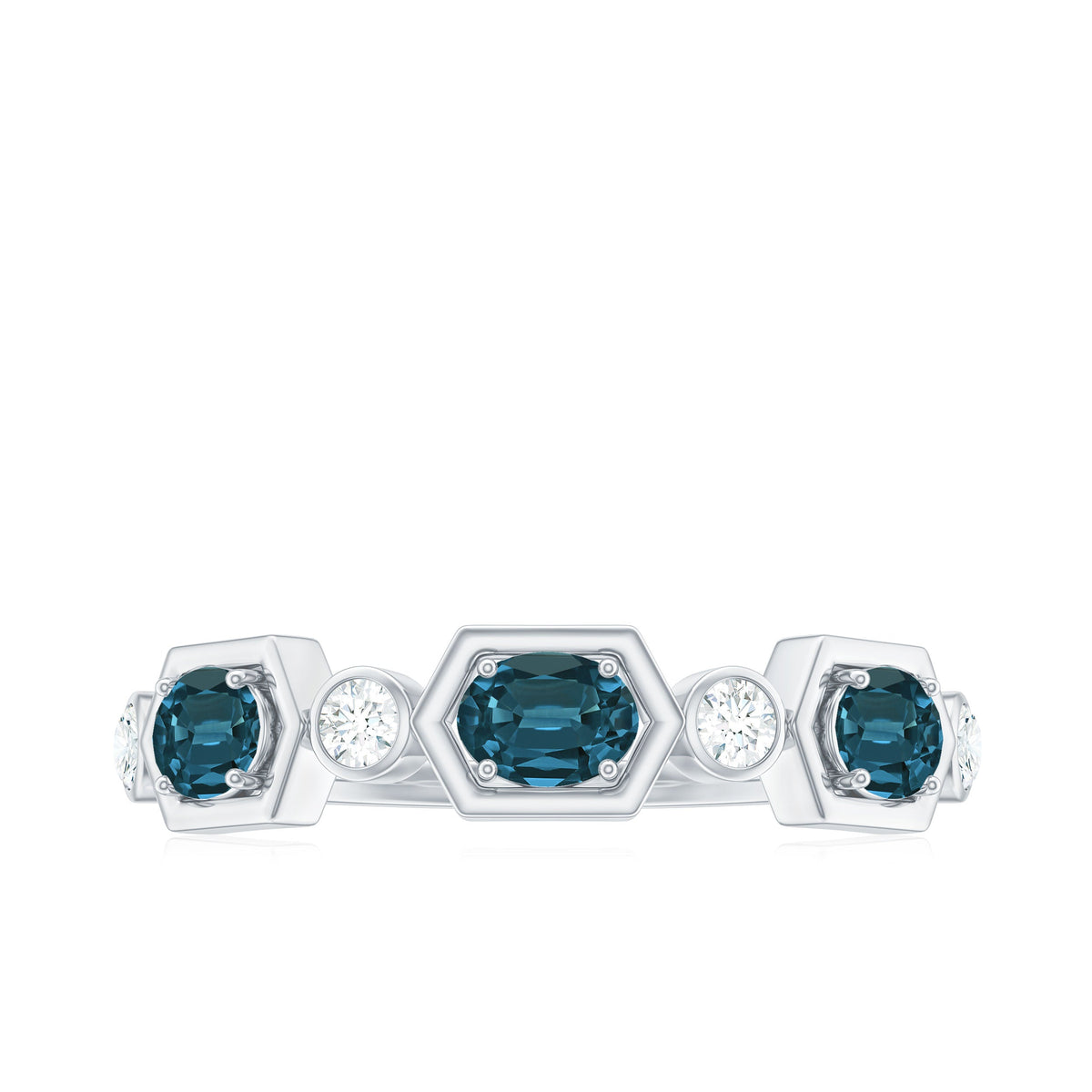 Real Certified London Blue Topaz Halft Eternity Band Ring with Diamond