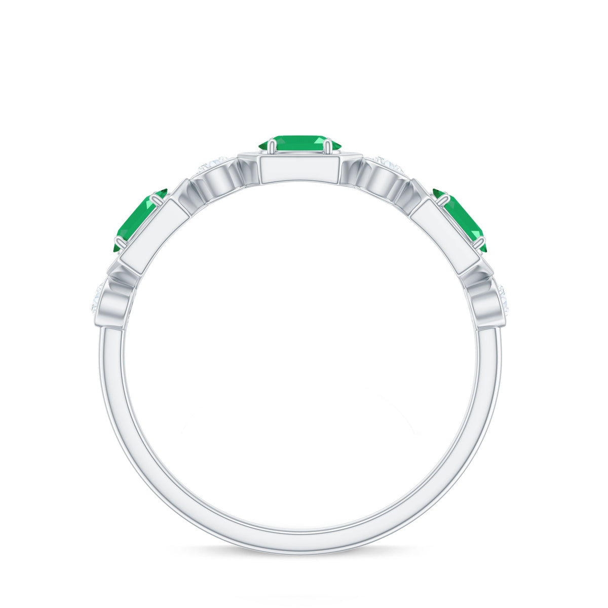 Classic Oval Emerald Diamond Half Eternity Band Ring in East West Style