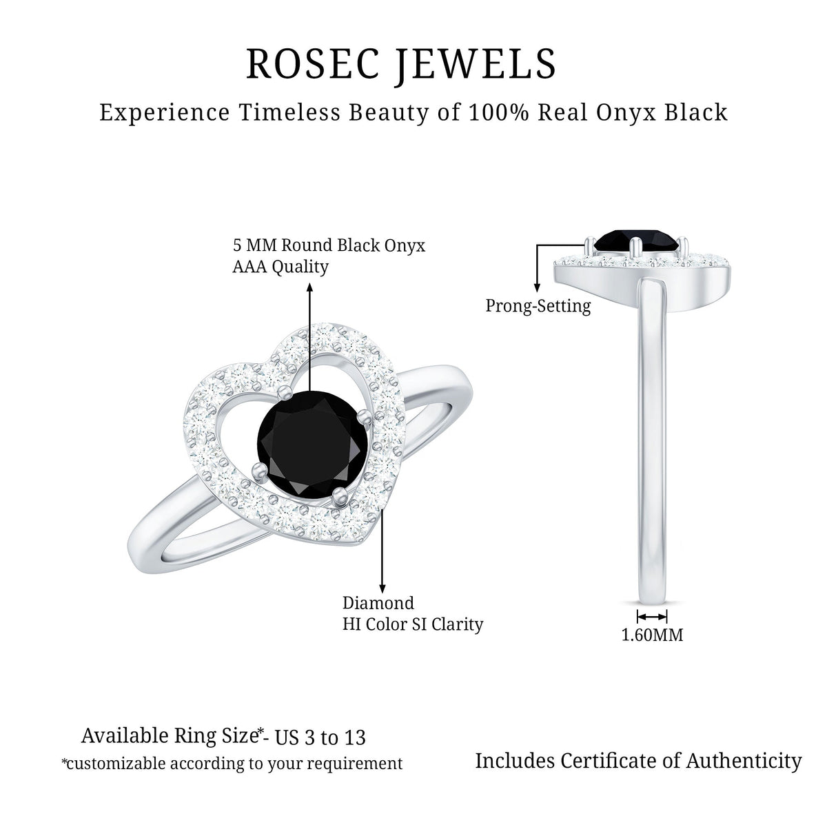 Genuine Black Onyx and Diamond Heart Engagement Ring