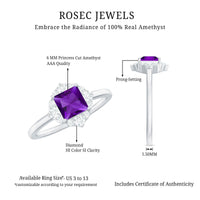 Natural 1.2 Carat Princess Cut Amethyst Flower Engagement Ring with Diamond