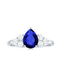 Certified 1.6 Carat Lab Grown Blue Sapphire Pear Engagement Ring with Diamond Trio