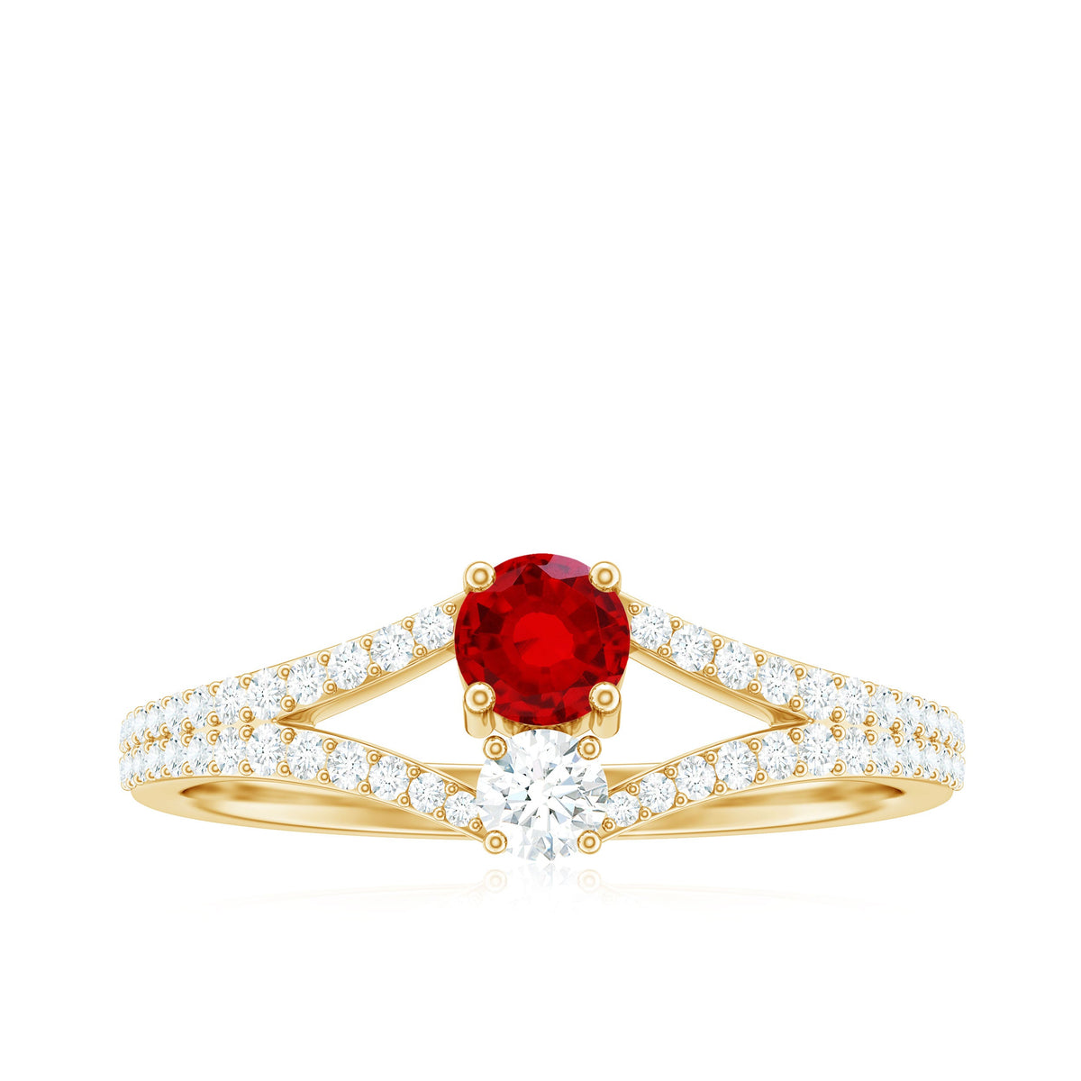 Certified Lab Grown Ruby Diamond 2 Stone Promise Ring with Split Shank