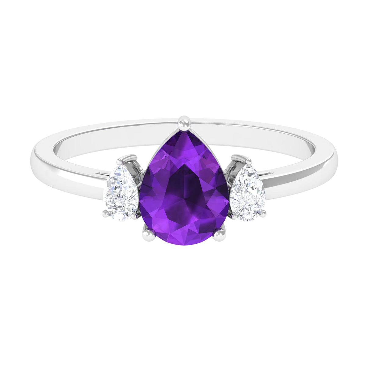 Natural 1 Carat Pear Shape Amethyst and Diamond 3 Stone Engagement Ring