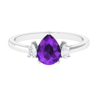 Natural 1 Carat Pear Shape Amethyst and Diamond 3 Stone Engagement Ring