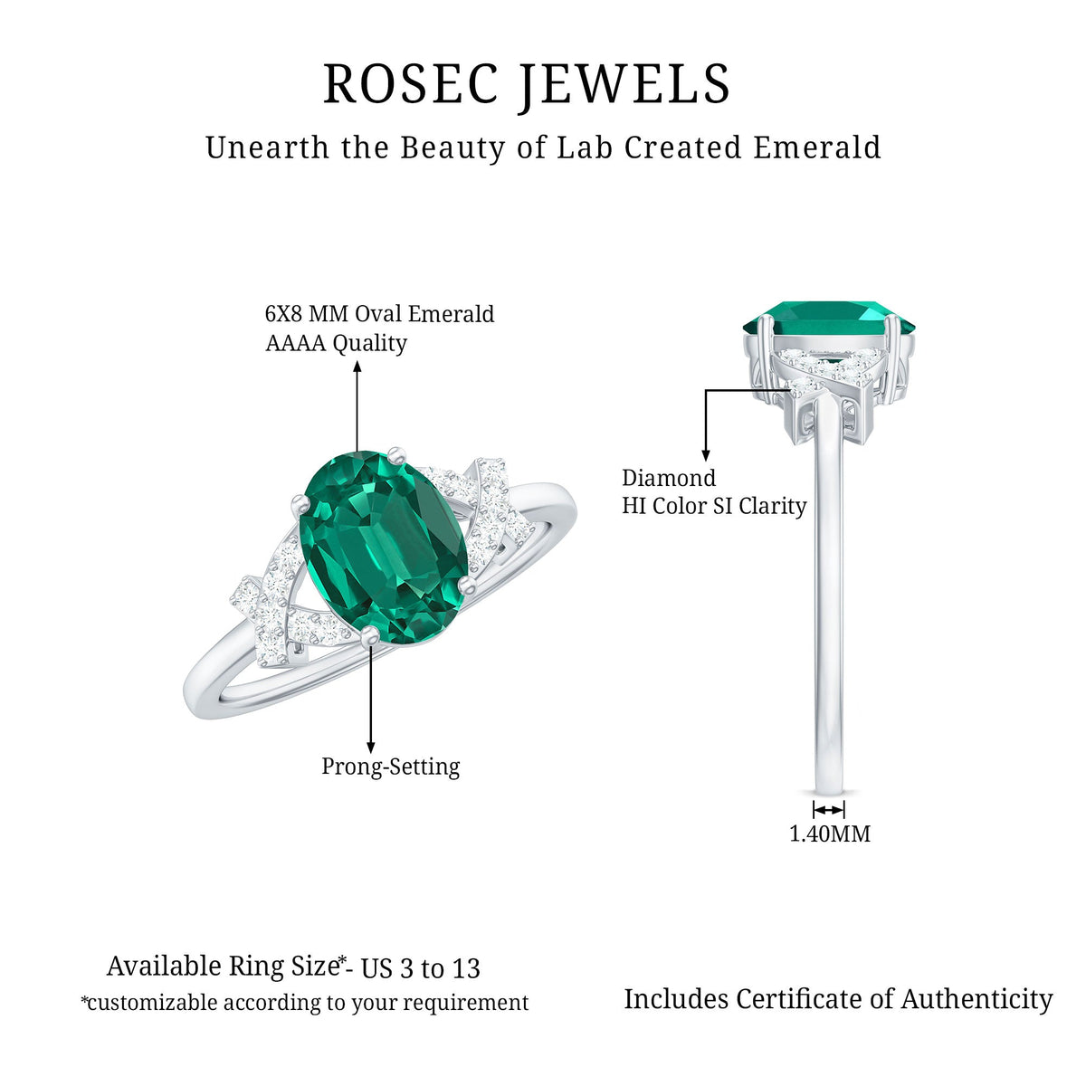 Certified 6X8 mm Lab Grown Emerald Oval Engagement Ring with Diamond