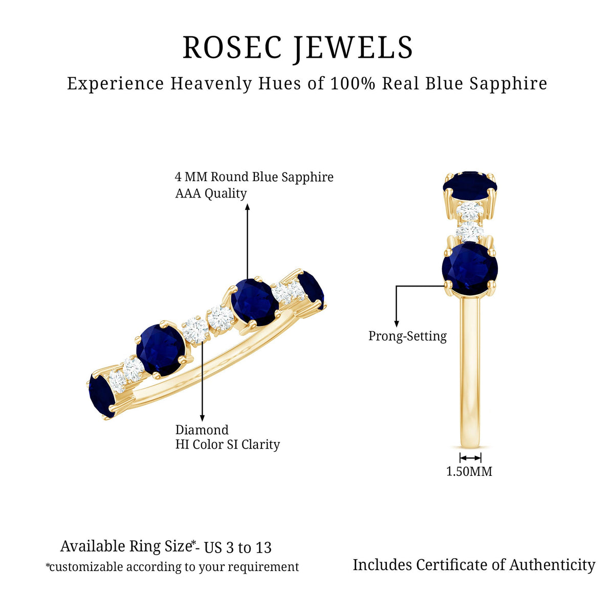 Genuine Blue Sapphire Half Eternity Ring with Diamond