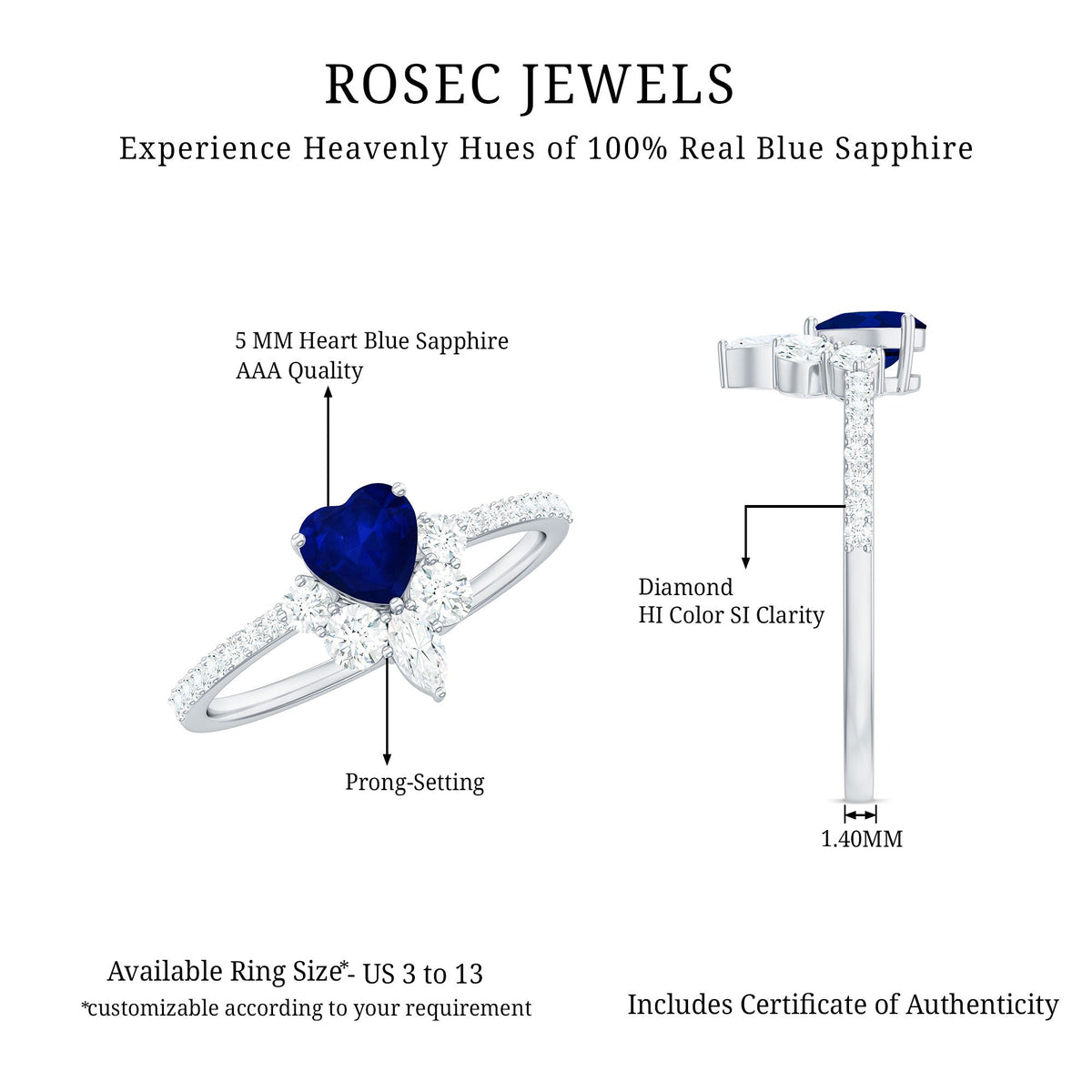 Natural 0.6 Blue Sapphire Heart Promise Ring with Diamond