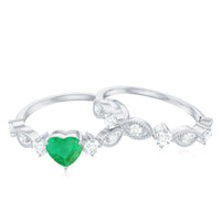 Natural Emerald Heart Shaped Engagement Ring and Diamond Wedding Band