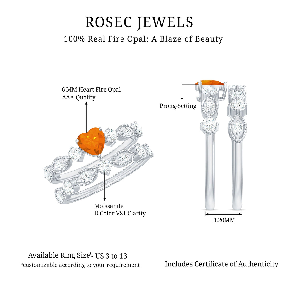 Vintage Inspired Fire Opal and Diamond Wedding Ring Set
