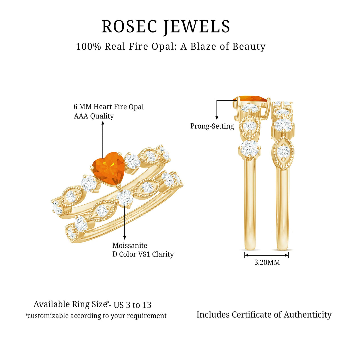 Vintage Inspired Fire Opal and Diamond Wedding Ring Set