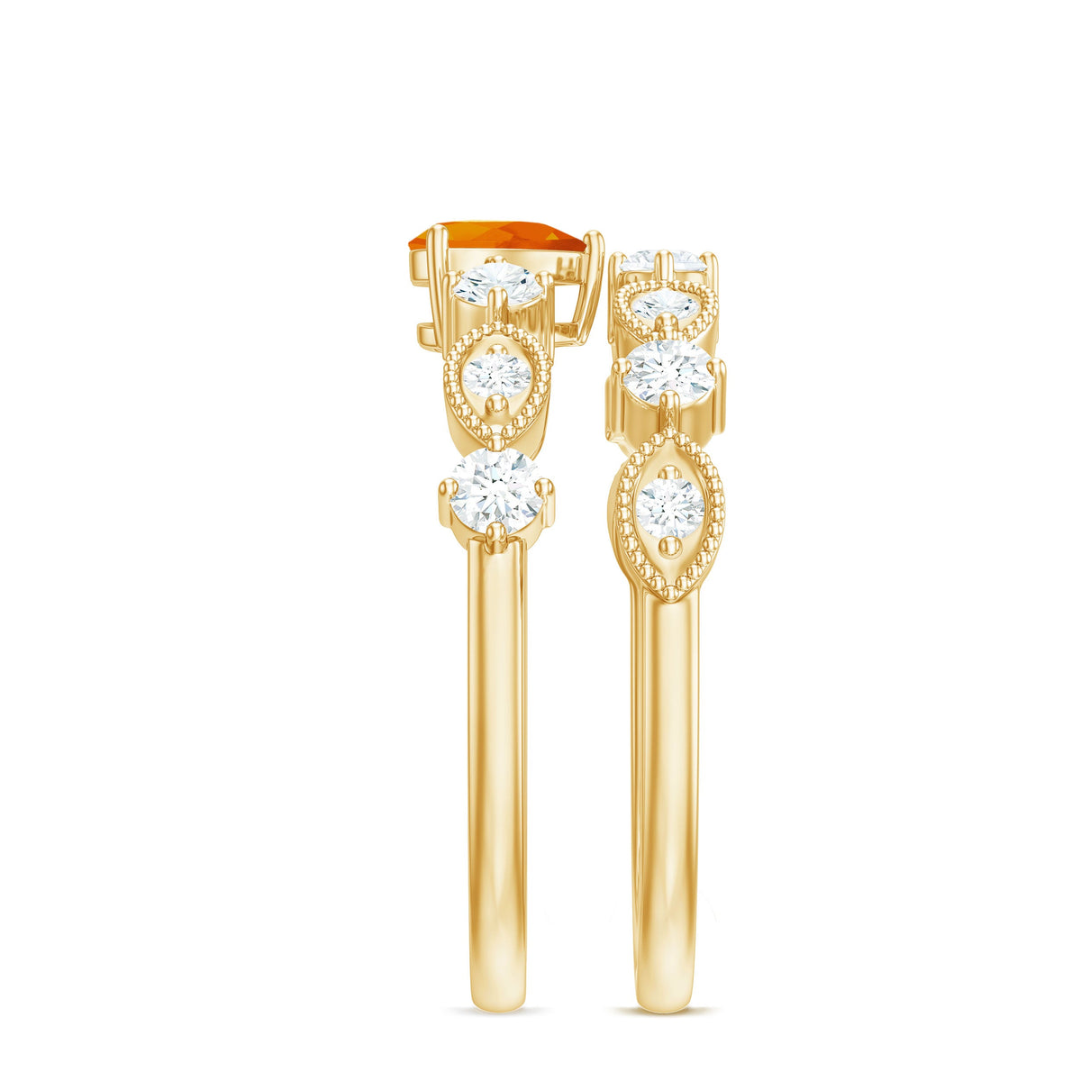 Vintage Inspired Fire Opal and Diamond Wedding Ring Set