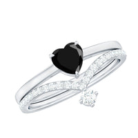 Heart Shape Created Black Diamond Solitaire Ring Set with Diamond