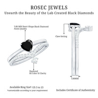 Heart Shape Created Black Diamond Solitaire Ring Set with Diamond
