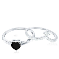 Heart Shape Created Black Diamond Solitaire Ring Set with Diamond