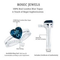 8mm Heart Shaped London Blue Topaz Solitaire Ring Set with Diamond Curved Band
