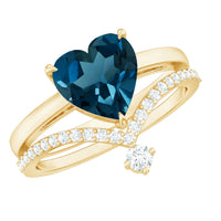 8mm Heart Shaped London Blue Topaz Solitaire Ring Set with Diamond Curved Band