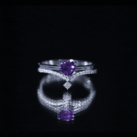 Certified Real Amethyst Heart Engagement Ring with Diamond Wedding Band