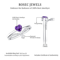 Certified Real Amethyst Heart Engagement Ring with Diamond Wedding Band