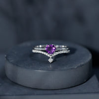 Certified Real Amethyst Heart Engagement Ring with Diamond Wedding Band