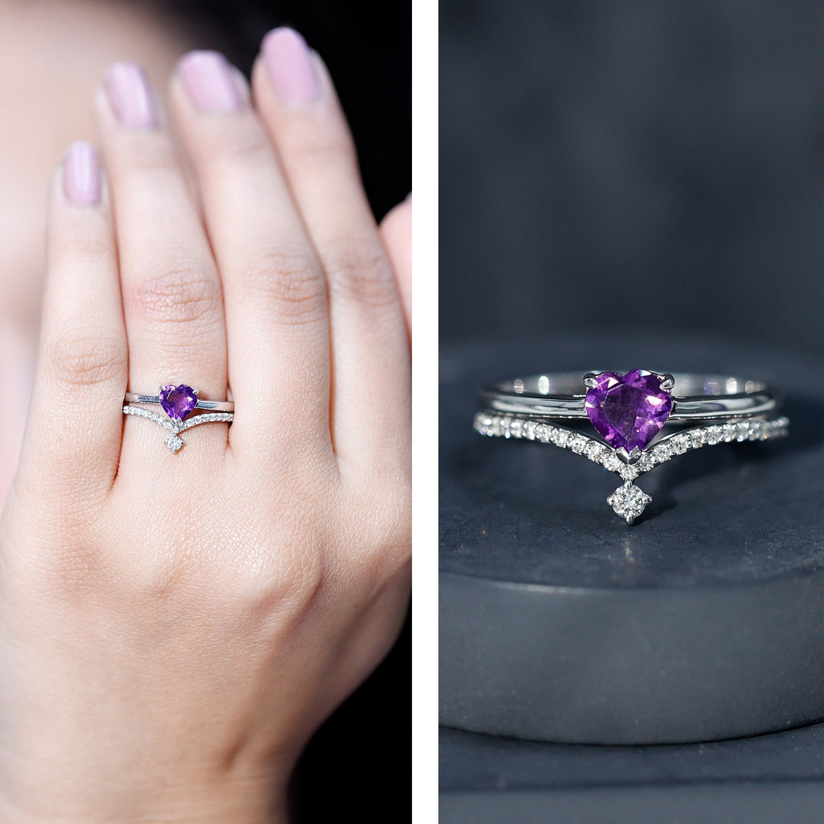 Certified Real Amethyst Heart Engagement Ring with Diamond Wedding Band