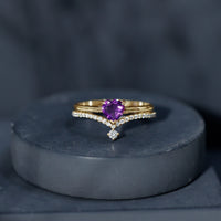 Certified Real Amethyst Heart Engagement Ring with Diamond Wedding Band