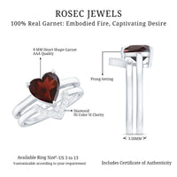 Real 8mm Garnet Diamond Heart Shaped Wedding Engagement Ring Set of 2
