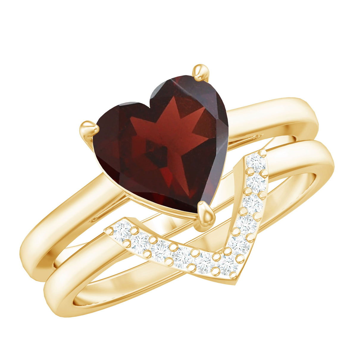 Real 8mm Garnet Diamond Heart Shaped Wedding Engagement Ring Set of 2