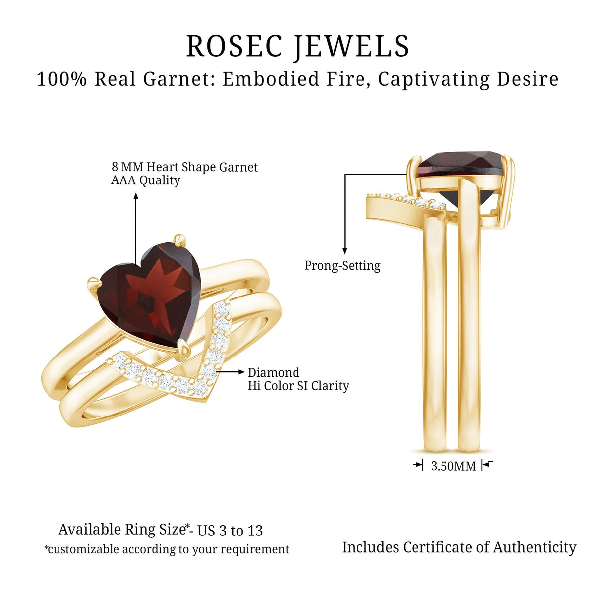 Real 8mm Garnet Diamond Heart Shaped Wedding Engagement Ring Set of 2