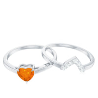 Natural Fire Opal Heart Solitaire Ring Set with Diamond Band