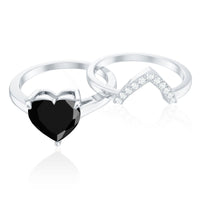 Natural Black Spinel Diamond 2 Carat Heart Engagement and Wedding Ring Set of 2