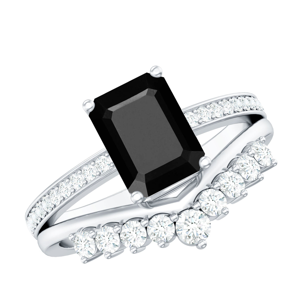 Emerald Cut Created Black Diamond and Diamond Engagement Ring Set