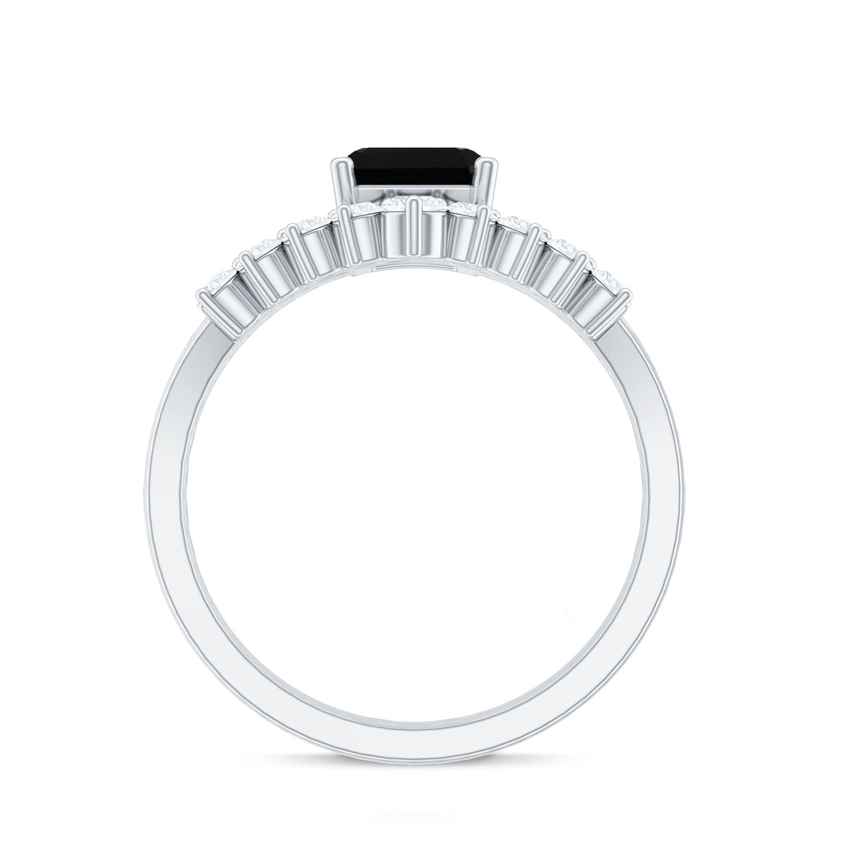 Emerald Cut Created Black Diamond and Diamond Engagement Ring Set