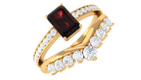 Natural Garnet Emerald Cut Engagement Ring With Diamond Wedding Band