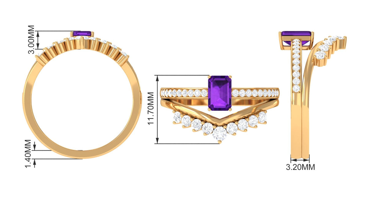 1.4 Carat Emerald Cut Amethyst Diamond Wedding Bridal Ring Set