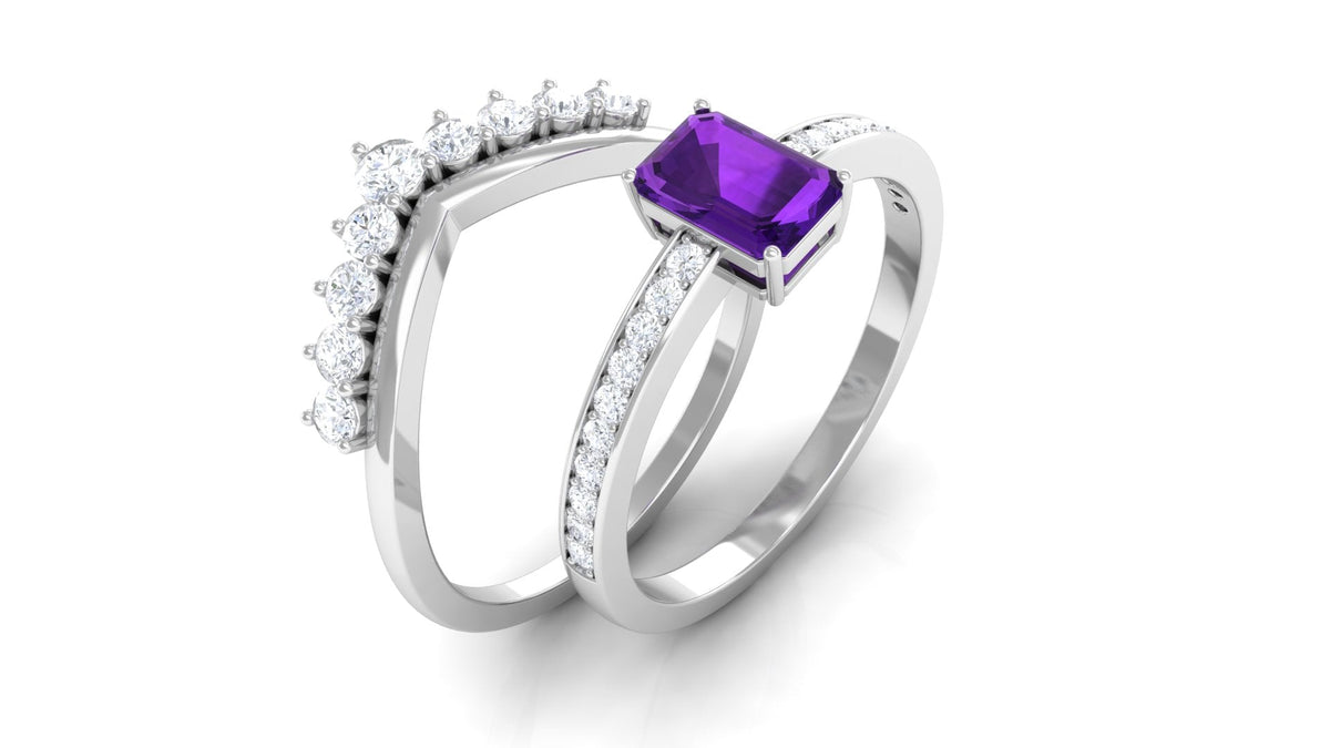 1.4 Carat Emerald Cut Amethyst Diamond Wedding Bridal Ring Set