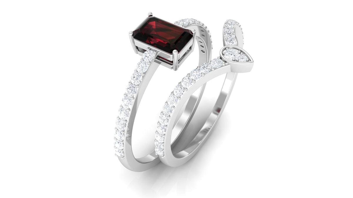 Real Garnet Diamond Emerald Cut Wedding Bridal Ring Set of 2